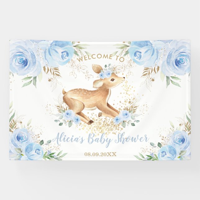 Sweet Blue Floral Baby Deer Fawn Boy Baby Dusche Banner (Horizontal)