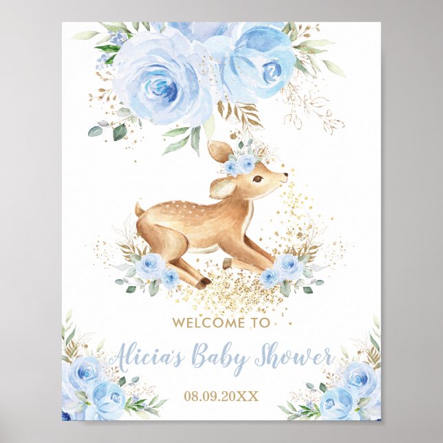Sweet Blue Floral Baby Deer Fawn Boy Baby Dusche Poster (Vorne)