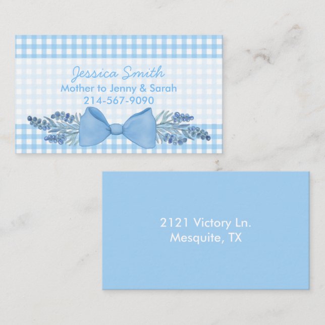 Sweet Blue Gingham mit Blume und Bow Mommy Telefonnummerkarte (Vorne/Hinten)