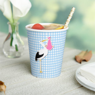 Sweet Blue Gingham und Stork Baby Shower Pappbecher