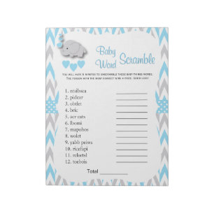 Sweet Blue & Gray Elephant Baby Shower Word Game 2 Notizblock