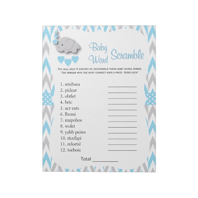 Sweet Blue & Gray Elephant Baby Shower Word Game 2 Notizblock (Rotiert)