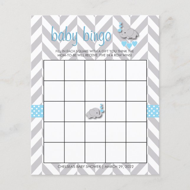Sweet Blue und Gray Elephant Baby Shower Bingo (Vorderseite)