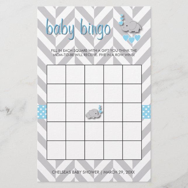 Sweet Blue und Gray Elephant Baby Shower Bingo Briefpapier (Vorderseite)
