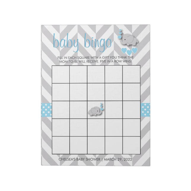 Sweet Blue und Gray Elephant Baby Shower Bingo Notizblock (Rotiert)