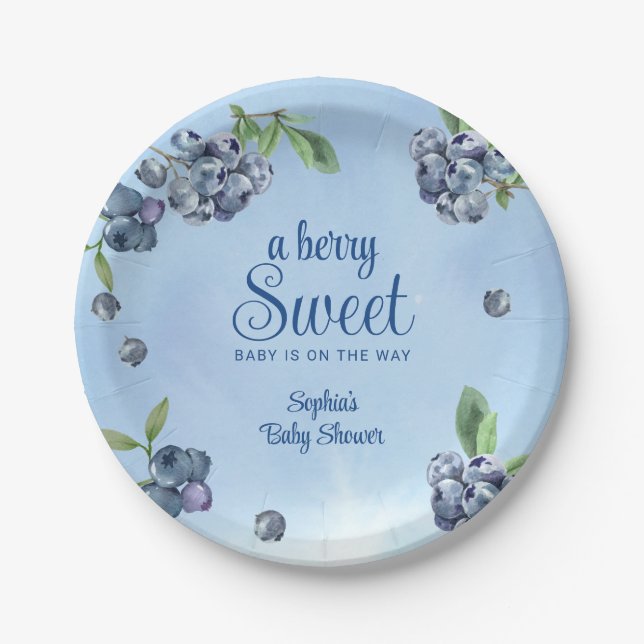 Sweet Blueberry Watercolor Babydusche Pappteller (Vorderseite)