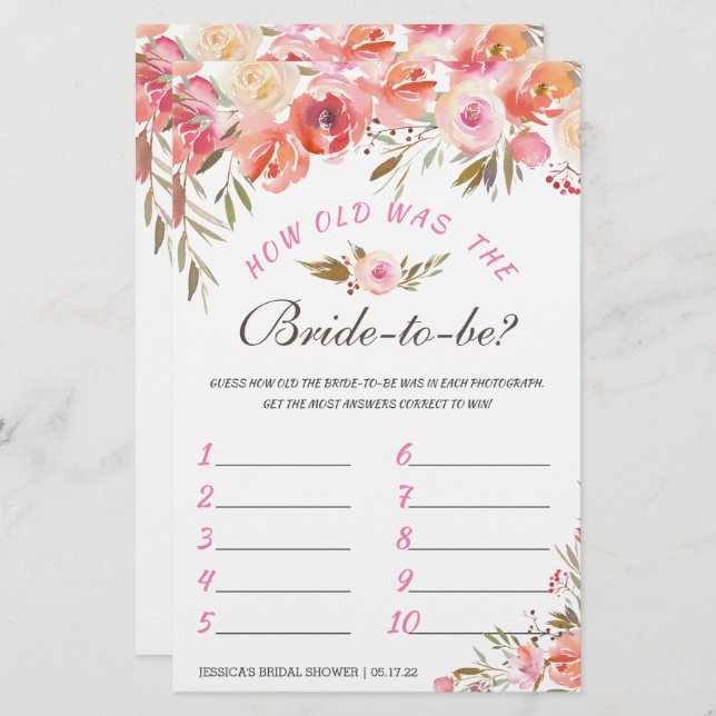 Sweet Blush Floral Doppelseitiges Brautparty Game (Vorne/Hinten)