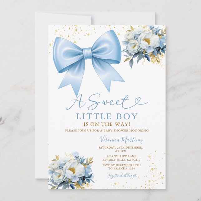 Sweet Boy Blue Bow Coquette Baby Shower Floral Einladung (Vorderseite)