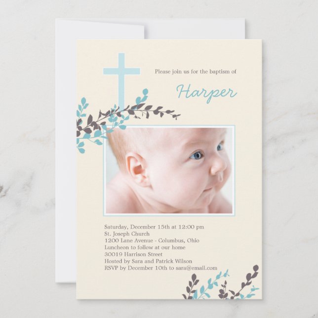 Sweet Branches Christening Invitation - Blau Einladung (Vorderseite)