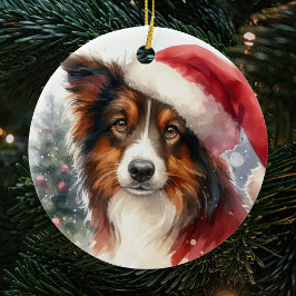 Sweet Brown Border Collie Weihnachtsmannmütze Weih Keramik Ornament