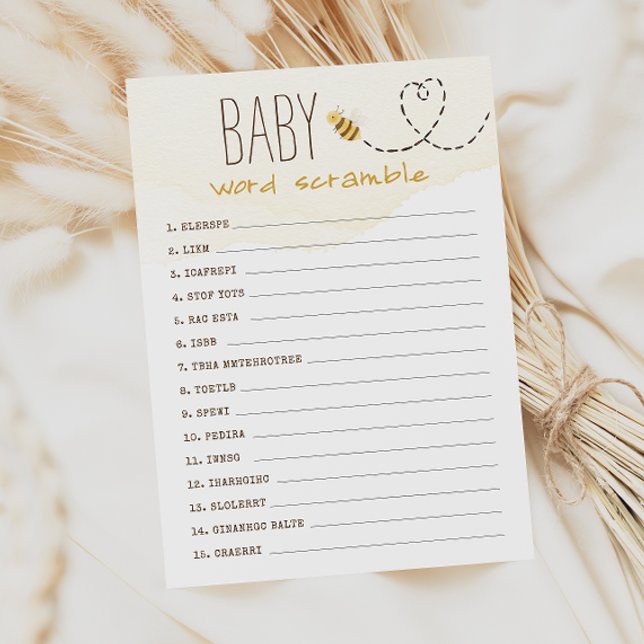 Sweet Bumble Bee Baby Word Scramble Game Card Einladung (Von Creator hochgeladen)