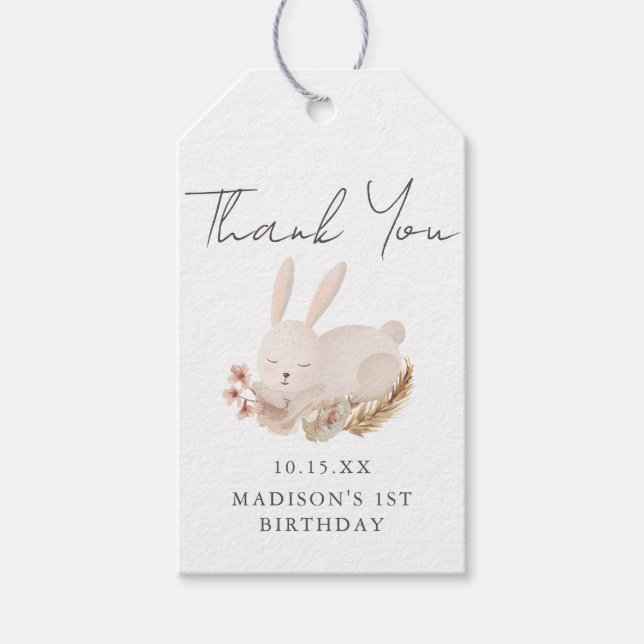 Sweet Bunny Calligraphy First Birthday Vielen Dank Geschenkanhänger (Vorderseite)