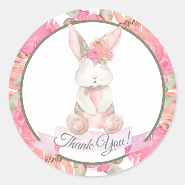 Sweet Bunny Floral Baby Dusche Vielen Dank Runder Aufkleber (Vorderseite)