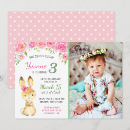 Sweet Bunny Floral Pink Girl Geburtstagsparty Foto Einladung