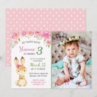 Sweet Bunny Floral Pink Girl Geburtstagsparty Foto Einladung