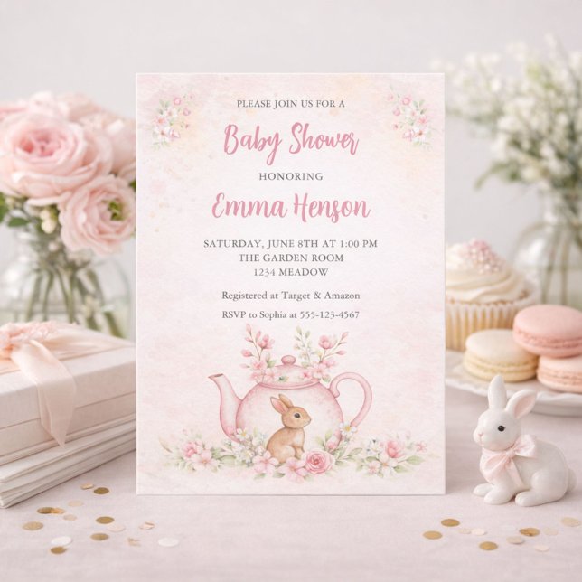 Sweet Bunny & Floral Teapot Baby Shower  Einladung (Von Creator hochgeladen)
