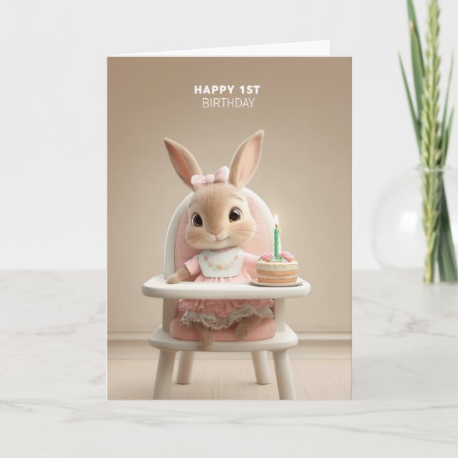 Sweet Bunny in High Chair w/ First Birthday Cake Karte (Vorderseite)