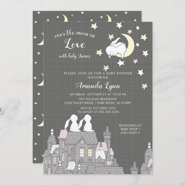 Sweet Bunny Liebe Moon Kinderdusche Einladung (Vorne/Hinten)