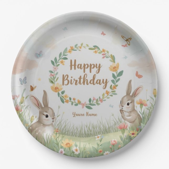 Sweet Bunny Meadow Birthday Party Paper Plate - Cu Pappteller (Vorderseite)