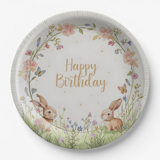 Sweet Bunny Meadow Birthday Party Paper Plate - Cu Pappteller (Vorderseite)