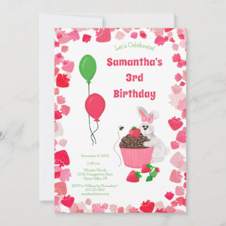 Sweet Bunny & Strawberry Cupcake Girls Geburtstag Einladung