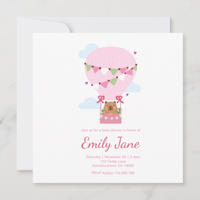 Sweet Capybara Baby Shower Invitation Baby Girl Einladung (Vorderseite)