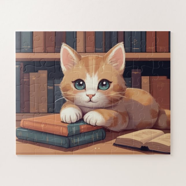Sweet Cat Lying on Books Puzzle (Horizontal)