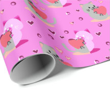 Sweet Cat Wrapping Paper - Pink Hearts and Playful