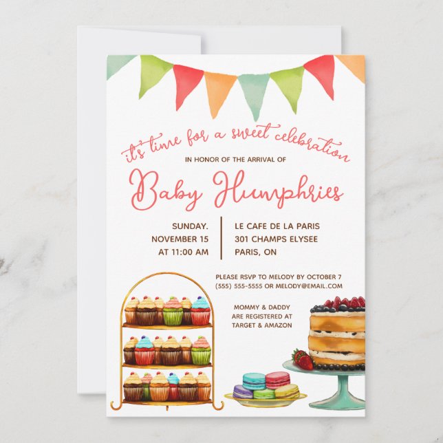Sweet Celebration, Cake, Macaron Baby Dusche Einladung (Vorderseite)