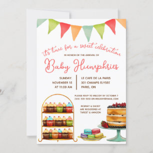 Sweet Celebration, Cake, Macaron Baby Dusche Einladung