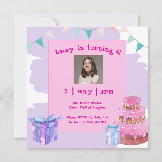 Sweet Celebration: Lila Pink zum Geburtstag Einlad Einladung (Vorderseite)