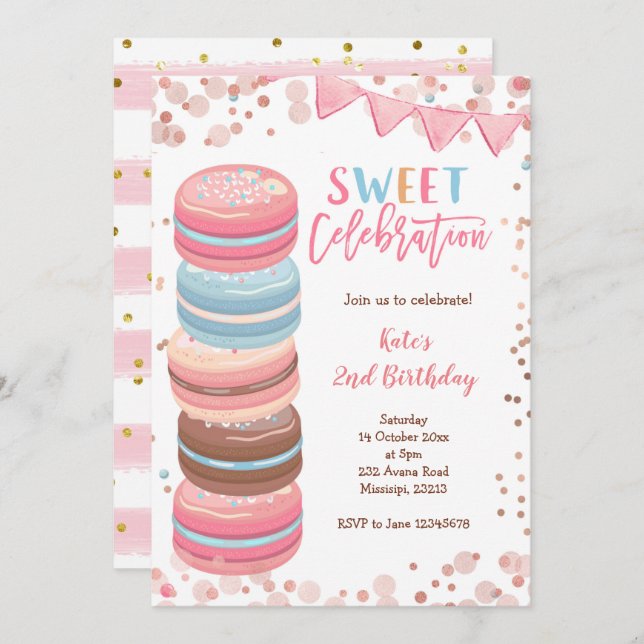 Sweet Celebration Macaroon Girl Birthday Party Einladung (Vorne/Hinten)
