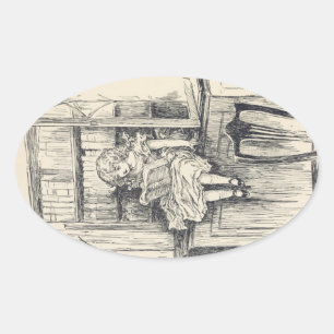 Sweet Charming Vintag Little Girl Reading Book Ovaler Aufkleber