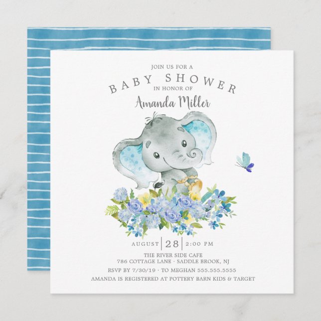 Sweet Cheerful Elephant Baby Boy Dusche Einladung (Vorne/Hinten)