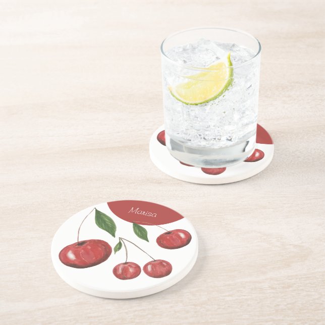 Sweet Cherries Aquarellbilder Mit Monogramm Getränkeuntersetzer (Seite)