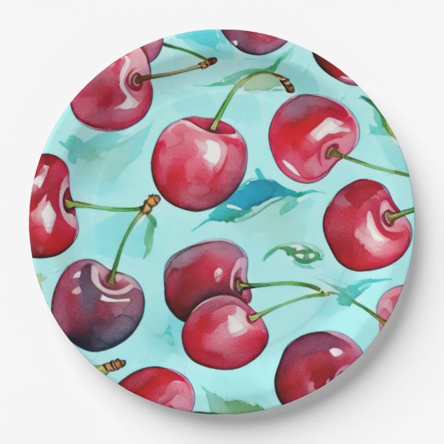 Sweet cherries colorful watercolor cherry art  pappteller (Vorderseite)