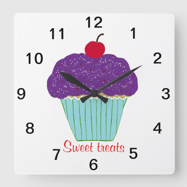 Sweet Cherry auf dem Lila Zuckerguss Cupcake Quadratische Wanduhr (Vorderseite)