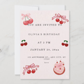 Sweet Cherry Birthday Invitation | Cute Pink Girl  Einladung