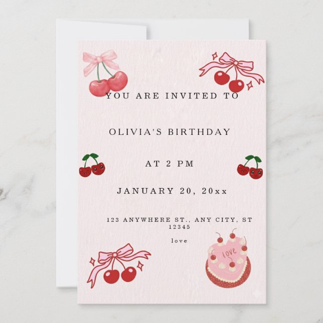 Sweet Cherry Birthday Invitation | Cute Pink Girl  Einladung (Vorderseite)