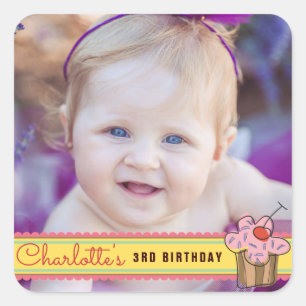 Sweet Cherry Cupcake Girl's Birthday Foto Sticker