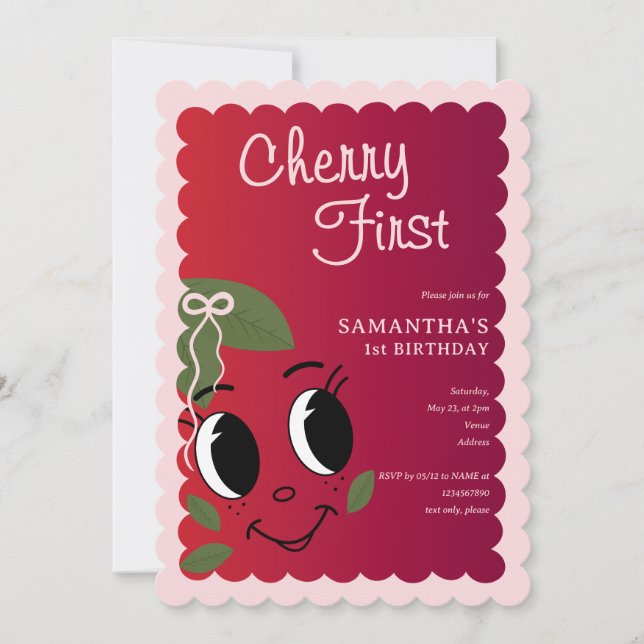 Sweet Cherry First Girl Niedlicher Cartoon 1. Gebu Einladung (Vorderseite)