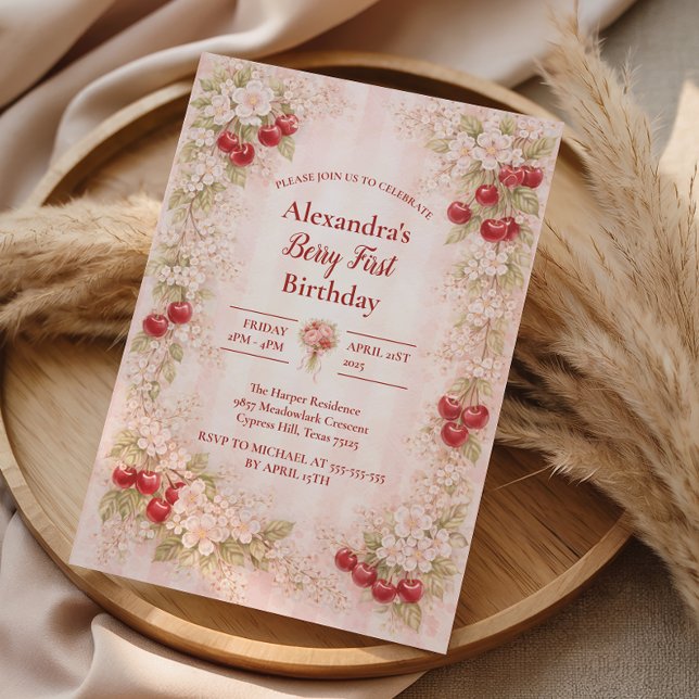 Sweet Cherry Floral First Birthday 1st Birthday Einladung (Von Creator hochgeladen)