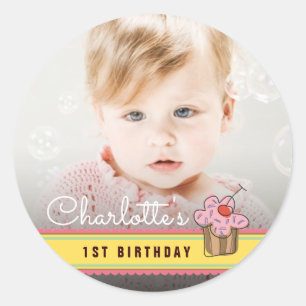 Sweet Cherry Pink Cupcake Birthday Foto Sticker