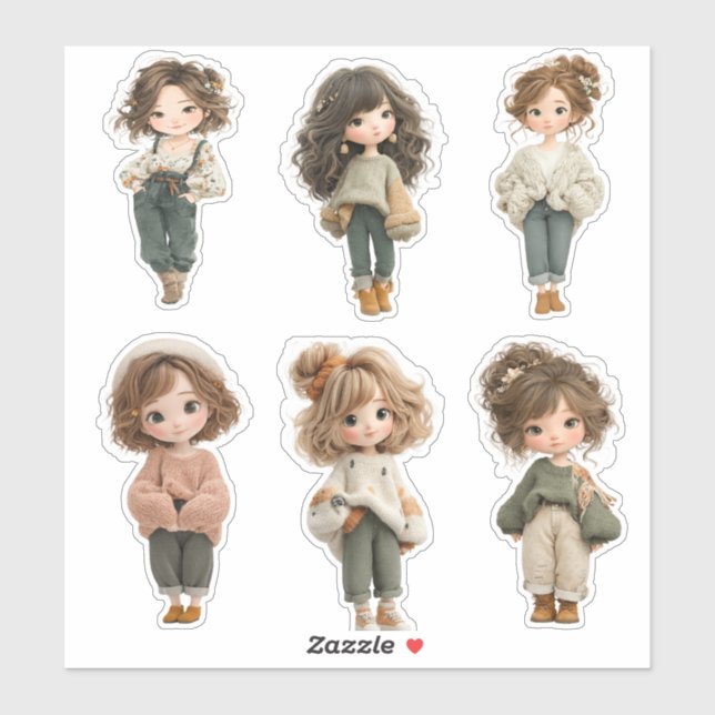 Sweet Chibi Girl Sticker Sheet 6 Cute Character  (Blatt)