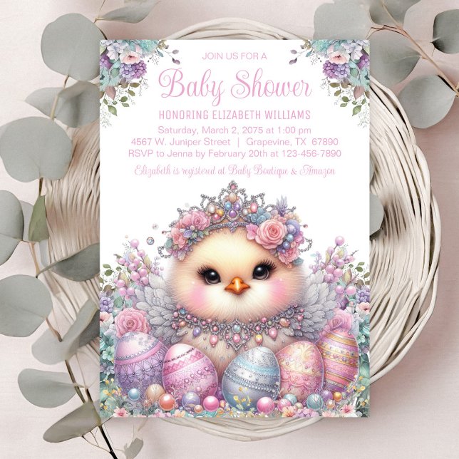 Sweet Chick Oaster Eggs Babydusche Einladung (Sweet baby chick with pretty pastel jewels & eggs. )