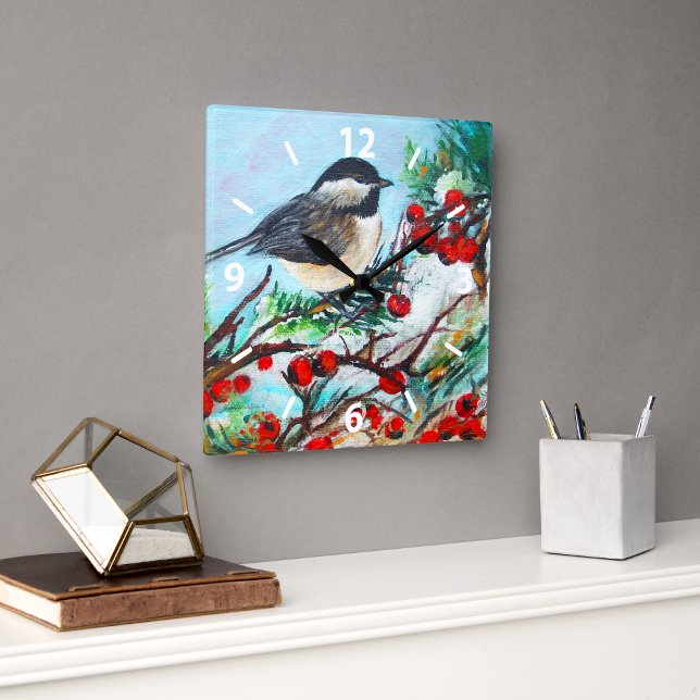 Sweet Chickadee Bird Malerei Wand Décor Quadratische Wanduhr (Sweet Chickadee Bird Painting Wall Décor Square Wall Clock from Jenn's Emporium. )