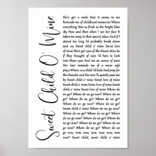 Sweet Child O' Mine White Script Song Lyric Print Poster