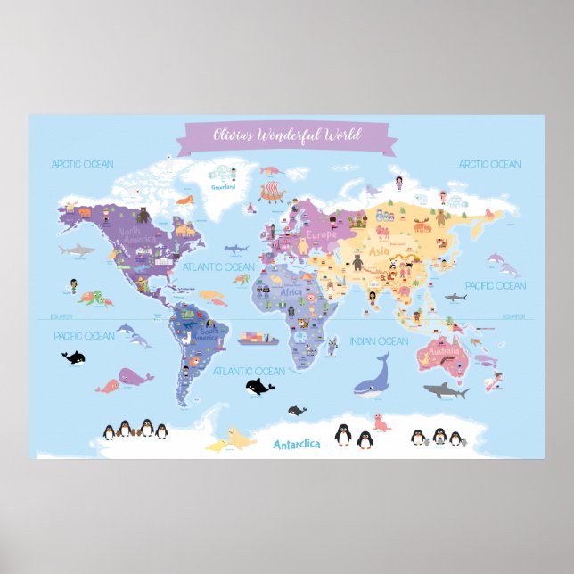 Sweet Children's World Map mit Illustrationen Poster (Vorne)