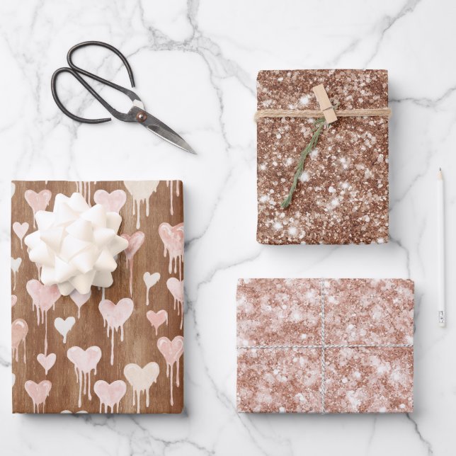 Sweet Chocolate Hearts Cream Brown Pink Glitter Geschenkpapier Set (Vorderseite)