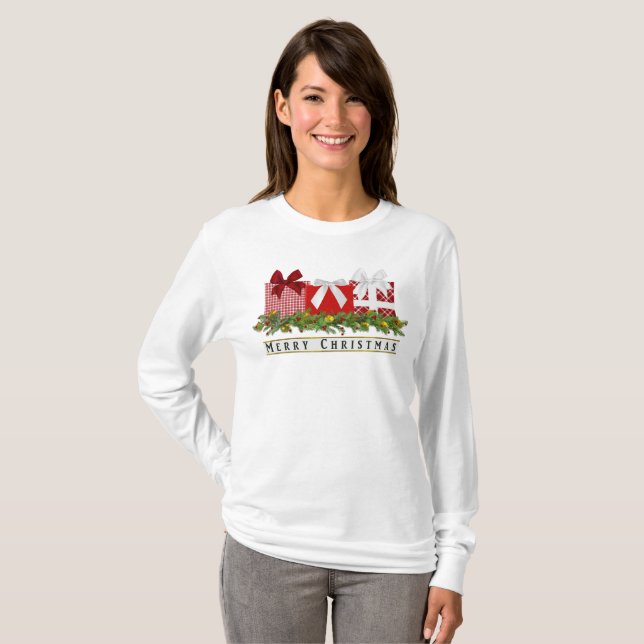 Sweet Christmas Karierte Geschenke und Pine Needle T-Shirt (Vorne ganz)